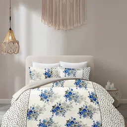 Supreme Home Collective White & Blue Printed 144 TC Queen Bedsheet with 2 Pillow Covers-image-86