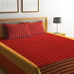 KLOTTHE Red & Yellow Woven Design & Striped Patterned Double King Cotton Bed Covers-2