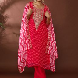 Jaipur Kurti Bandhani Embroidered Sequinned Straight Kurta With Trousers And Dupatta-picture-28
