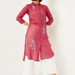 max Striped Thread Work Shirt Collar Pure Cotton A-Line Kurta-image-18