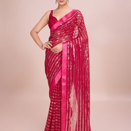 DIVASTRI Striped Embellished Sequinned Pure Georgette Saree with Blouse Piece-picture-16