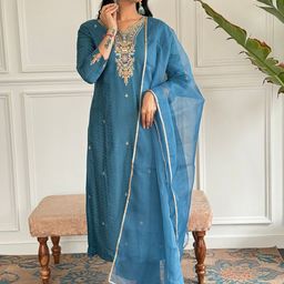 KALINI Floral Embroidered Dobby Chanderi Silk Straight Kurta With Trouser & Dupatta-image-62