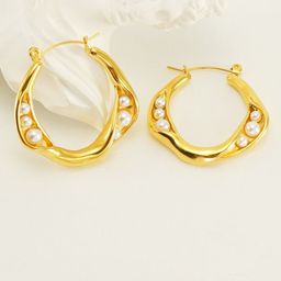 VIEN Stainless Steel Gold-Plated Pearls Beaded Contemporary Hoop Earrings-image-71