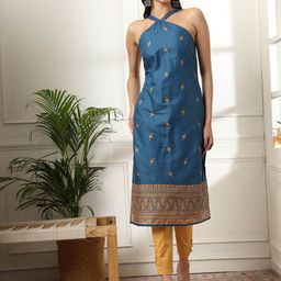 Anouk Blue & Yellow Floral Printed Pure Cotton Straight Kurta-image-93