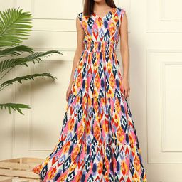 Raiyani Enterprise Women Crepe Abstract Printed Smocked Tiered Fit and Flare Maxi Dress-picture-12