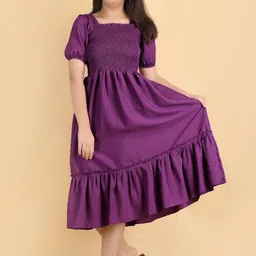 PaheliRani Girls Puff Sleeve Crepe Fit & Flare Midi Dress-picture-15