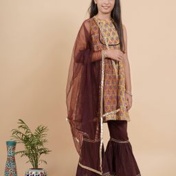 TUNIYA Girls Printed Regular Kantha Work Kurta with Palazzos & With Dupatta-image-82