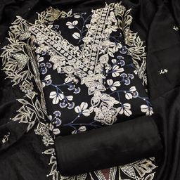 Riti Floral Printed V Neck Sequinnce Embellished Thread Work Unstitched Dress Material-14