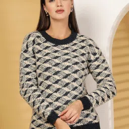 Thirty Threads Women Self Design Checked Woollen Pullover-picture-31
