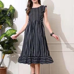 DECKEDUP Women Striped Printed Ruffled Drop-Waist Midi Dress-image-28