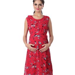 Kriti Sleeveless Floral Printed Maternity Dress - Red-image-47