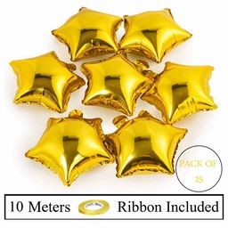 Amfin 9 Inches Star Shaped Foil Balloons with Ribbon Golden - Pack of 25-image-58