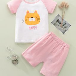Kookie Kids Half Sleeves Night Suit Kitty Print  - White Pink-image-75