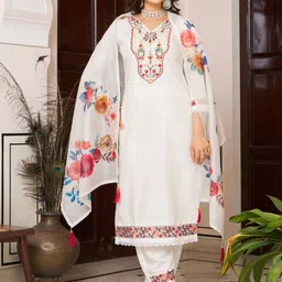 Navlik Floral Embroidered V-Neck Thread Work Chanderi Silk Kurta With Trousers And Dupatta-8