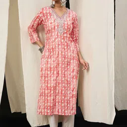 Anouk Floral Printed Zardozi V-Neck Straight Cotton Kurta-21