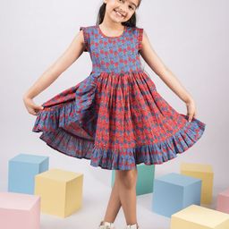 VASTRAMAY Girls Floral Print Ruffled Cotton Fit & Flare Dress-picture-42