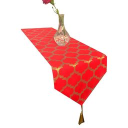 Pink Parrot Red & Gold Printed Jacquard Silk Table Runner-image-56