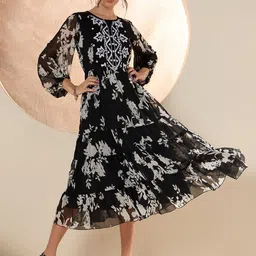 Antheaa Floral Print Flared Sleeve Chiffon Fit & Flare Midi Dress-55