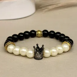 SANAA CREATIONS Unisex Crimson Crown Onyx & Pearls Beaded Elasticated Bracelet-image-52
