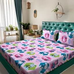 Myntra Elegant Homes Purple & Green Cartoon Characters Flat 400 TC Cotton King Bedsheet with 2 Pillow Covers-image-79