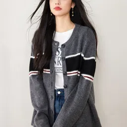 Mast & Harbour Women Striped V Neck Cardigan Sweater-picture-9