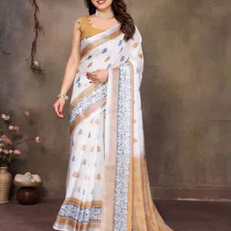 Shriyangan Ethnic Motifs Zari Pure Linen Block Print Saree-image-14