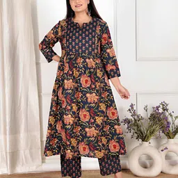 Aramya Floral Printed Panelled Mandarin Collar Pure Cotton Kurta With Trousers-picture-34
