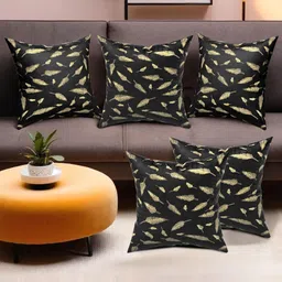Aura Black & Cream-Coloured Set of 5 Ethnic Motifs Velvet Square Cushion Covers-15