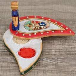 CRAFTAM White & Red Marble Made Peacock Shape Roli Chawal Chopra Box For Puja Temple-image-94