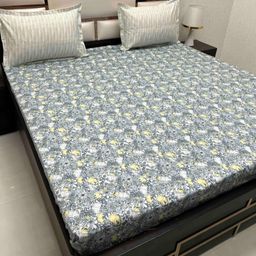 Pure Decor Lifestyle Grey & White Floral Cotton 300 TC King Bedsheet Set 2.72 m x 2.78 m-image-100