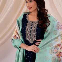 Moda Rapido Women Blue Floral Woven Design Silk Dupatta-picture-40