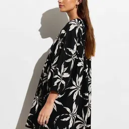 MANOJAVA Floral Print Puff Sleeve Layered Fit & Flare Dress image 3