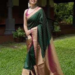 SWAMI STUDIO Ethnic Motifs Zari Pure Silk Banarasi Saree-image-94