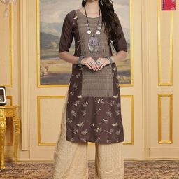 HERE&NOW Selection Of 2 Floral Printed Round Neck Straight Kurtas-image-77