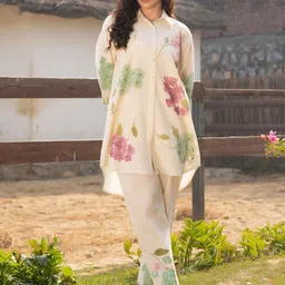 FREYAA Blossom Printed Shirt Collar Pure Cotton Tunic With Trousers-21
