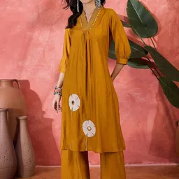 Sangria Floral Embroidered V-Neck Mirror Work A-Line Kurta With Palazzo-picture-16