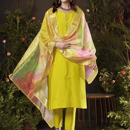 Anouk Lime Green Embroidered Mirror Work Round Neck Kurta with Trouser & Dupatta-40
