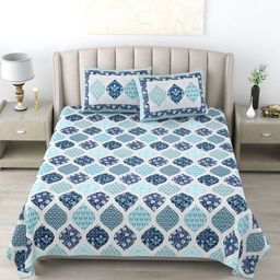 Wayne Martin White & Blue Floral 300 TC Pure Cotton King Bedsheet With 2 Pillow Covers-image-73
