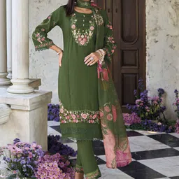 Varanga Floral Embroidered Thread Work Pure Cotton Straight Kurta With Trouser And Dupatta-picture-7