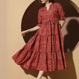 OTABU Women Floral Print Bell Sleeve A-Line Midi Dress-picture-47