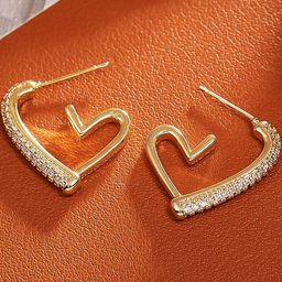 FIMBUL Gold-Plated Cubic Zirconia Studded Heart Shaped Half Hoop Earrings-picture-24