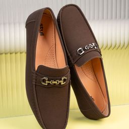 Styli Men Faux Suede Loafers with Buckle Detail-image-74