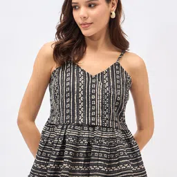 DressBerry Geometric Printed Shoulder Straps Cotton Peplum Crop Top-image-52