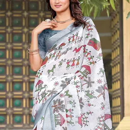 Mitera Warli Printed Pure Cotton Saree With Unstitched Blouse Piece-6