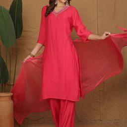 Anouk Floral Embroidered Beads And Stones Kurta With Trousers & Dupatta-29