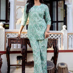 RANGREAL Printed Pure Cotton Top With Trouser Co-Ords-image-2