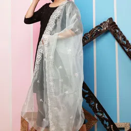 Bunkraft Embroidered Organza Dupatta with Thread Work image 3