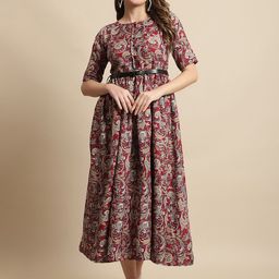 Metronaut Ethnic Motifs Print Belted Fit & Flare Midi Dress-image-73