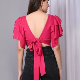 VYMO Flutter Sleeve Ruffles Styled Back Crop Top image 2