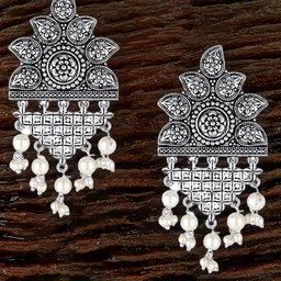 Sangria Silver-Plated Artificial Beaded Contemporary Shaped Drop Earrings-image-6